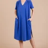 Ces Femme Side Slit Short Sleeve Midi Dress with Pockets - Royal Blue