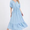 Ces Femme Smocked Elastic Waist Tie Neck Puff Sleeve Dress - Blue