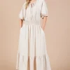 Ces Femme Smocked Elastic Waist Tie Neck Puff Sleeve Dress - Sand