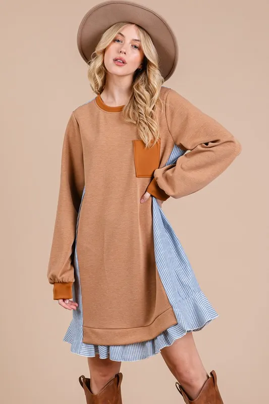 Ces Femme Striped Patchwork Round Neck Terry Sweatshirt Dress - Caramel