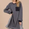 Ces Femme Striped Patchwork Round Neck Terry Sweatshirt Dress - Charcoal