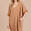 Ces Femme V-Neck Half Sleeve Dress - Caramel