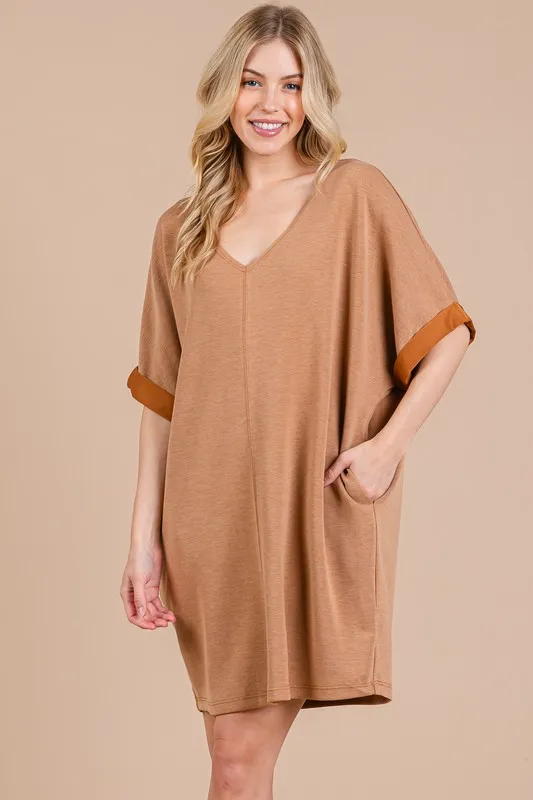 Ces Femme V-Neck Half Sleeve Dress - Caramel