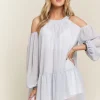 Cold Shoulder Balloon Sleeve Mini Dress - Blue