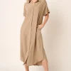 Collared Neck Dolman Short Sleeve Midi Shirt Dress - Camel