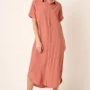 Collared Neck Dolman Short Sleeve Midi Shirt Dress - Clay