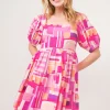 Color Block Puff Sleeve Dress - Pink Multi