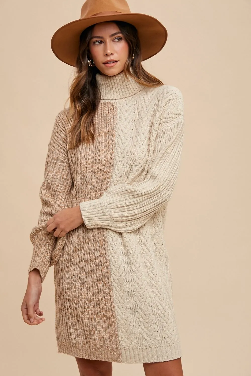 Color Block Turtleneck Sweater Dress - Taupe