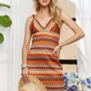 Contrast Striped V-Neck Mini Dress - Orange Multicolor
