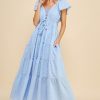 Crinkled Texture Flutter Cap Sleeve Midi Dress - Blue