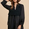 Crochet Vest Notched Long Sleeve Shirt Dress - Black