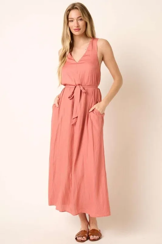 Cross Back Belted V Neck Tank Maxi Dress - Ginger