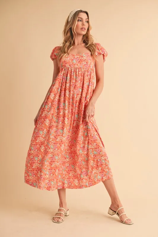 Cutout Back Floral Square Neck Puff Sleeve Midi Dress - Coral