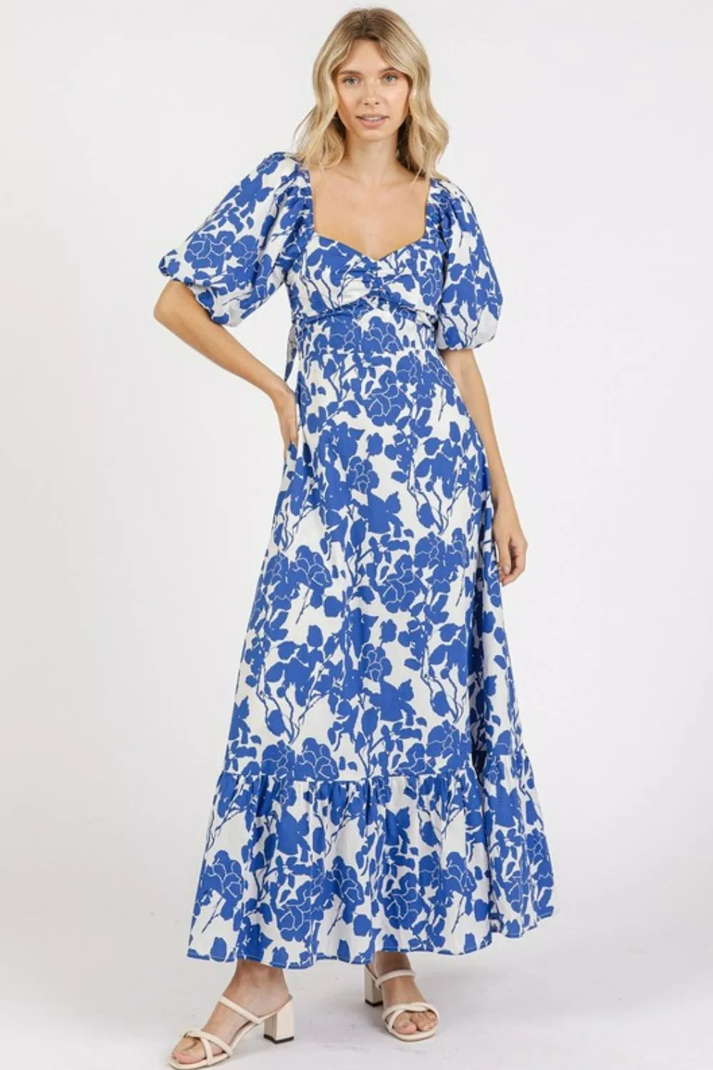 Cutout Back Floral Sweetheart Neck Puff Sleeve Dress - Royal