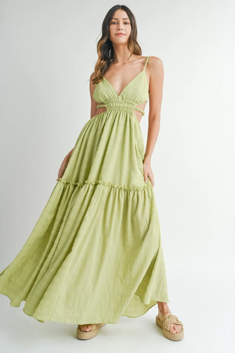 Cutout Waist Backless Maxi Dress - Sage