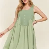 Decorative Button Sleeveless Babydoll Dress - Sage