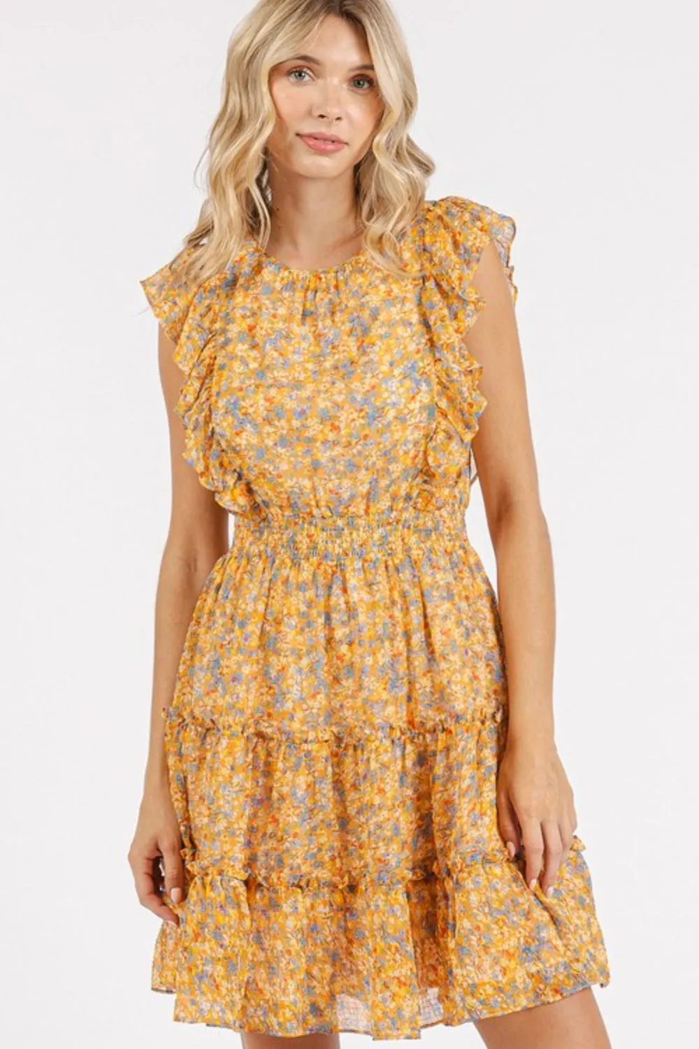 Ditsy-Floral-Print-Ruffle-Chiffon-Mini-Dress-Tangerine-3
