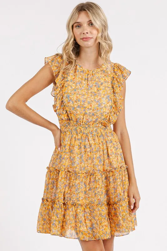 Ditsy Floral Print Ruffle Chiffon Mini Dress - Tangerine