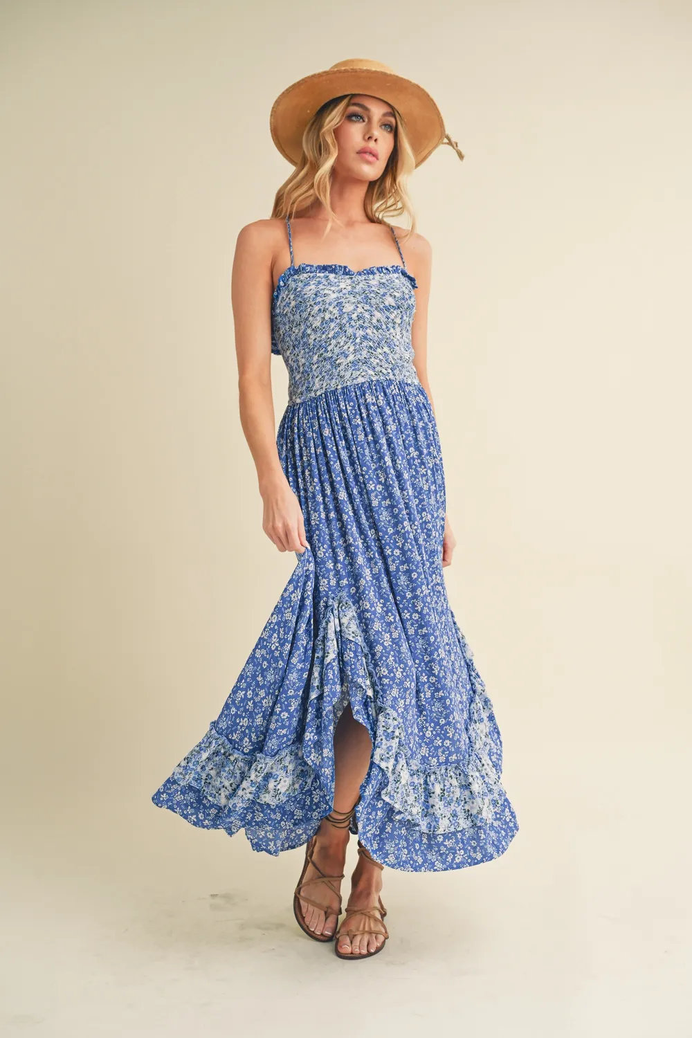 Ditsy Floral Ruffled Hem Maxi Cami Dress - Blue