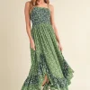 Ditsy Floral Ruffled Hem Maxi Cami Dress - Green