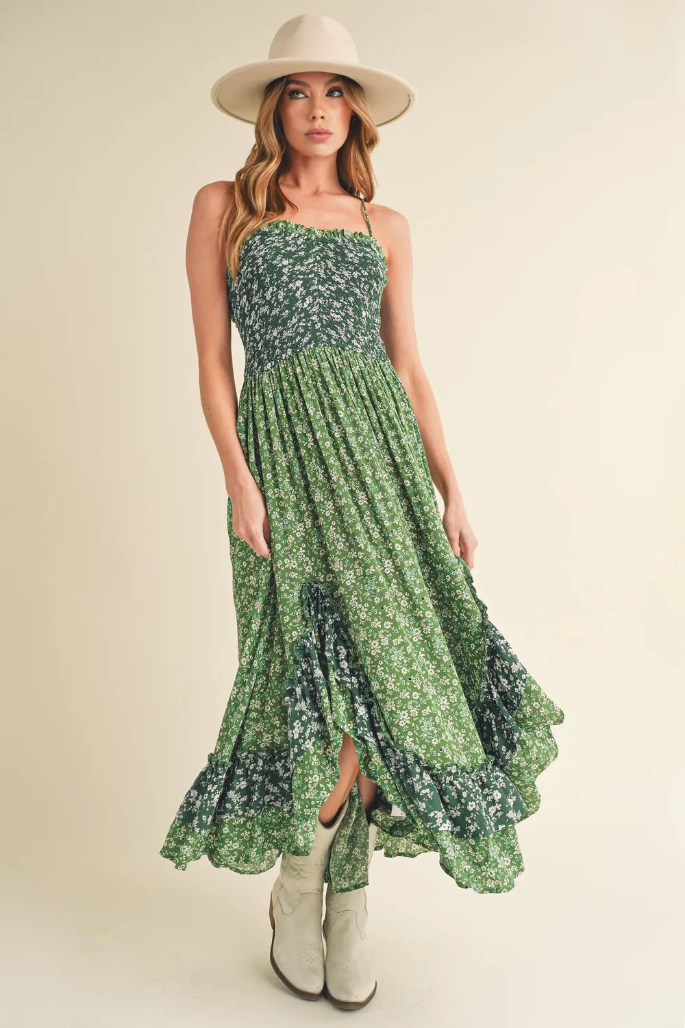 Ditsy Floral Ruffled Hem Maxi Cami Dress - Green