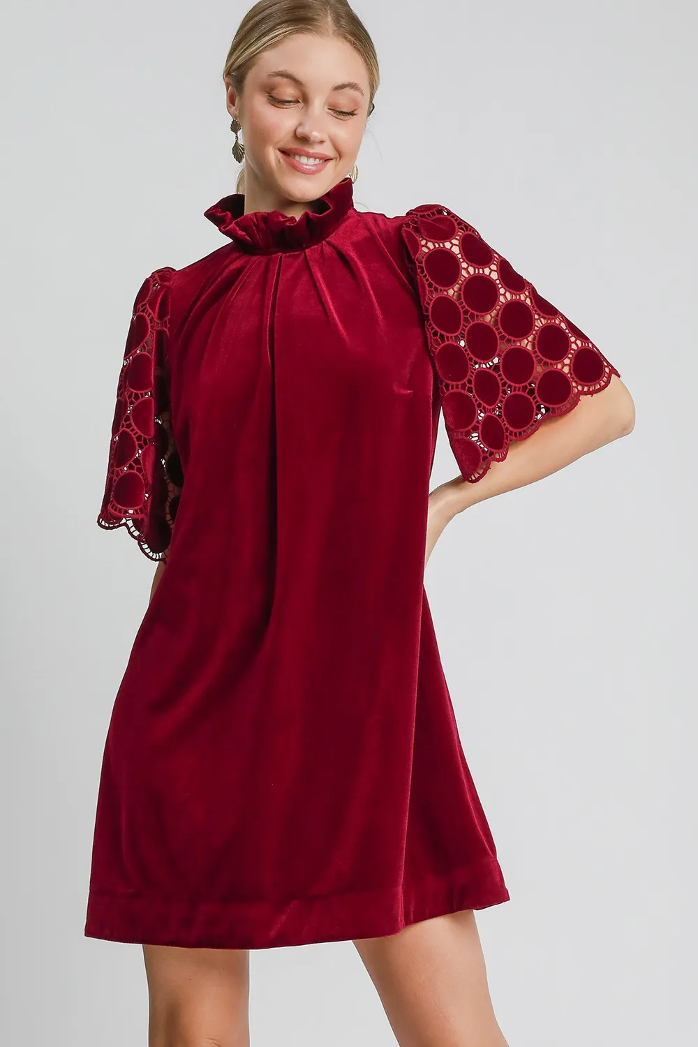 Dotted Lace Half Sleeve Mock Neck Back Tie Velvet Dress - Burgundy