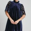 Dotted Lace Half Sleeve Mock Neck Back Tie Velvet Dress - Navy