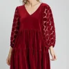 Dotted Lace Sleeve Tiered Velvet Mini Dress - Burgundy