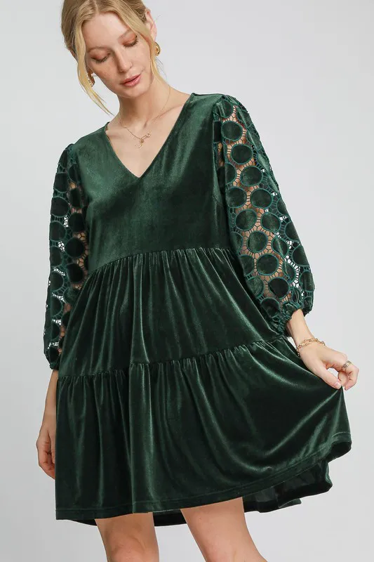 Dotted Lace Sleeve Tiered Velvet Mini Dress - Dark Green
