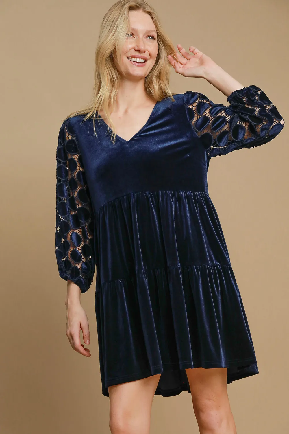 Dotted Lace Sleeve Tiered Velvet Mini Dress - Navy