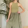 Drawstring Sleeveless Washed Dress -  Lt Olive