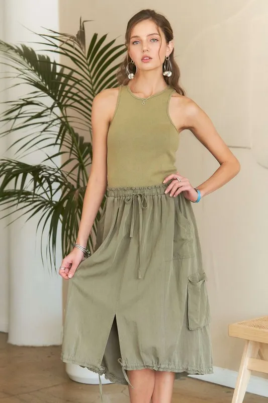 Drawstring Sleeveless Washed Dress -  Lt Olive