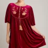Embroidered Half Sleeve Velvet Mini Dress with Tassel - Burgundy