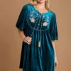 Embroidered Half Sleeve Velvet Mini Dress with Tassel - Deep Teal