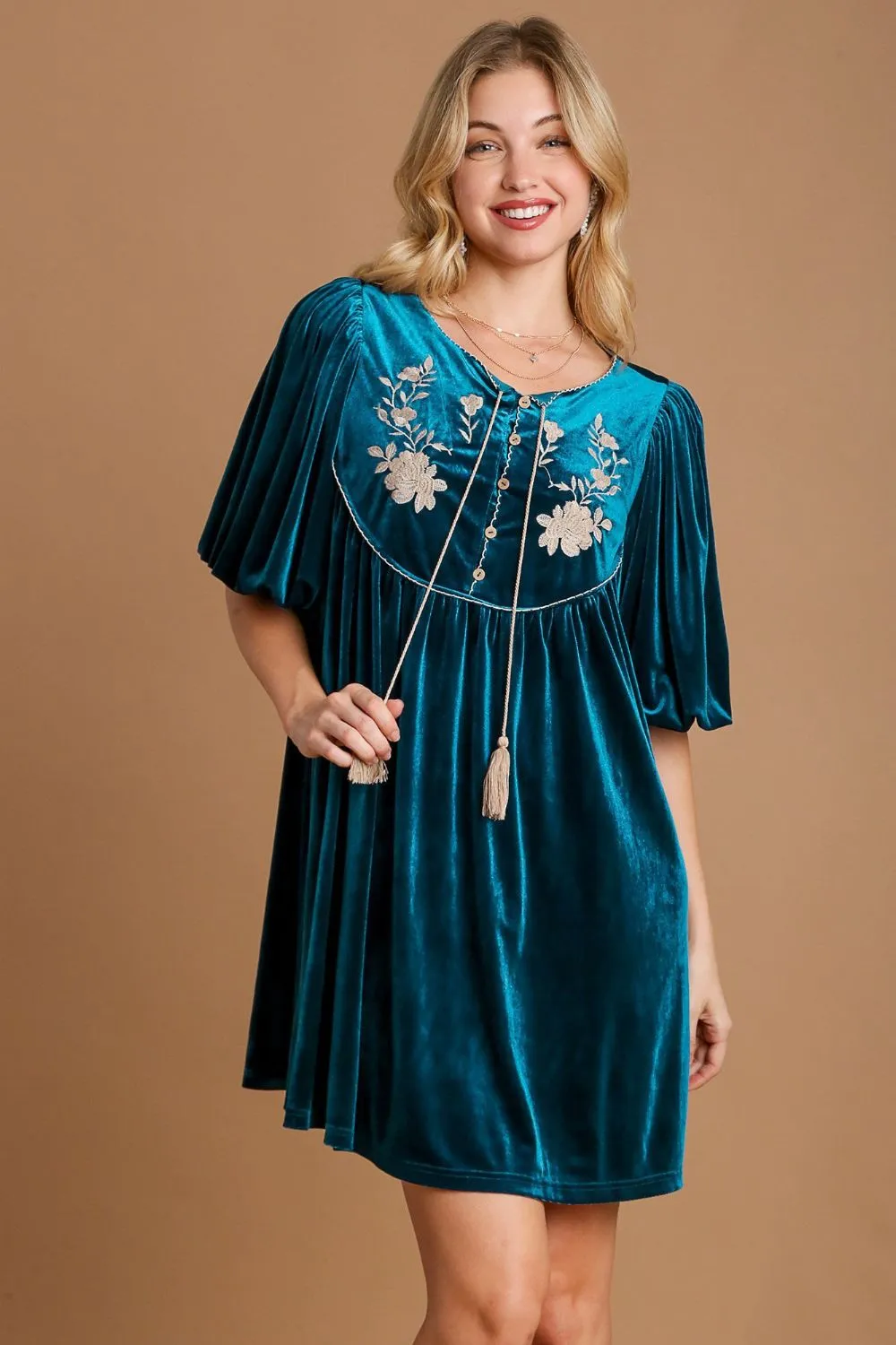 Embroidered Half Sleeve Velvet Mini Dress with Tassel - Deep Teal