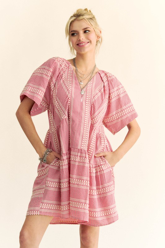 Embroidered Stripe Ruffled Gingham Mini Dress - Red