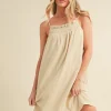 Embroidered Trim Gauze Square Neck Mini Cami Dress - Oatmeal