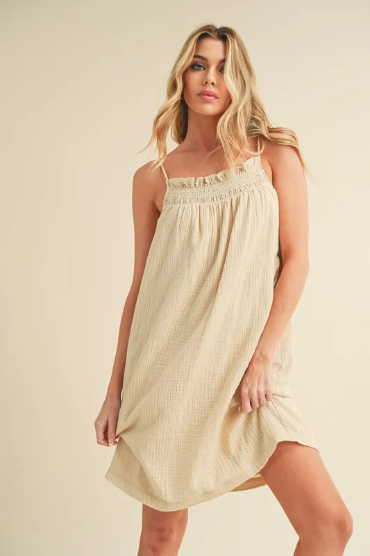 Embroidered Trim Gauze Square Neck Mini Cami Dress - Oatmeal
