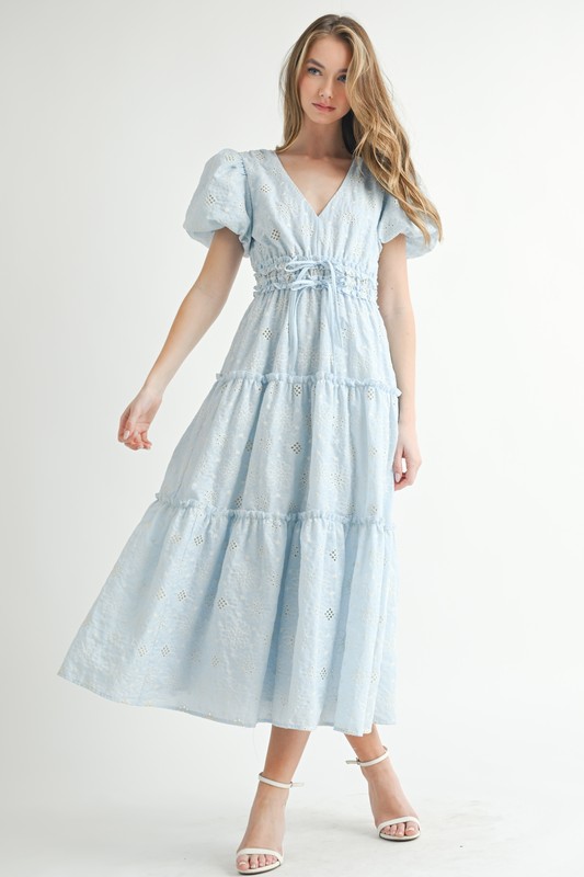 Eyelet Lace Puff Sleeve V Neck Midi Dress - Blue