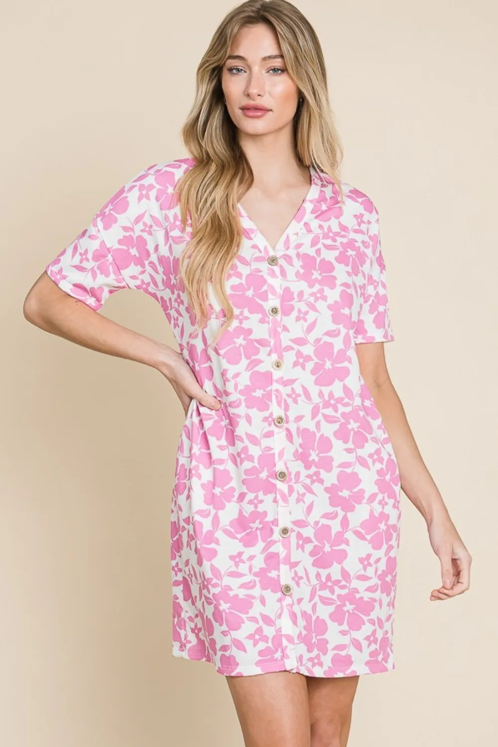 Floral Button Down Mini Dress - Pink