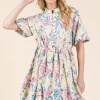 Floral Eyelet Lace Puff Sleeve Mini Shirt Dress - Purple/Pink