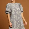 Floral Jacquard Puff Sleeve Mini Dress - Gray