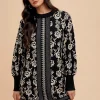 Floral Jacquard Round Neck Sweater Dress - Black/Oatmeal