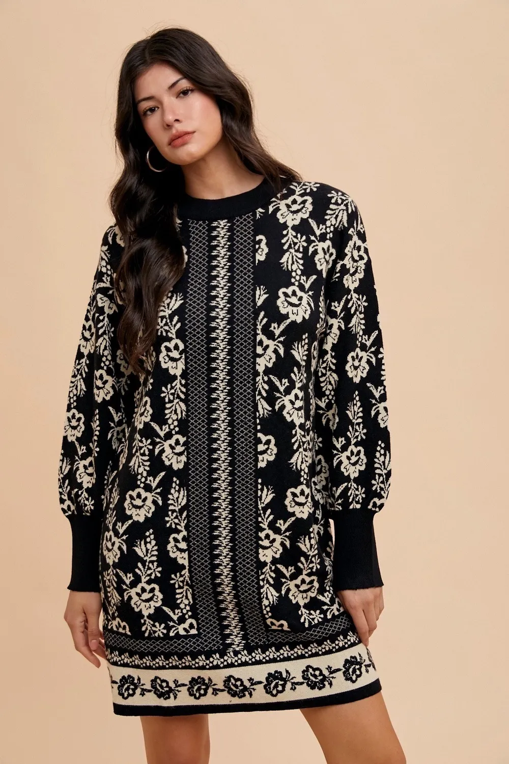 Floral Jacquard Round Neck Sweater Dress - Black/Oatmeal