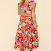Floral Midi Dress with Side Pockets - Coral/Mint
