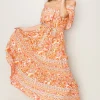 Floral Off-Shoulder Tie Front Maxi Dress - Apricot