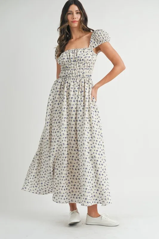 Floral-Print-Puff-Sleeve-Gathered-Midi-Dress-Blue-1