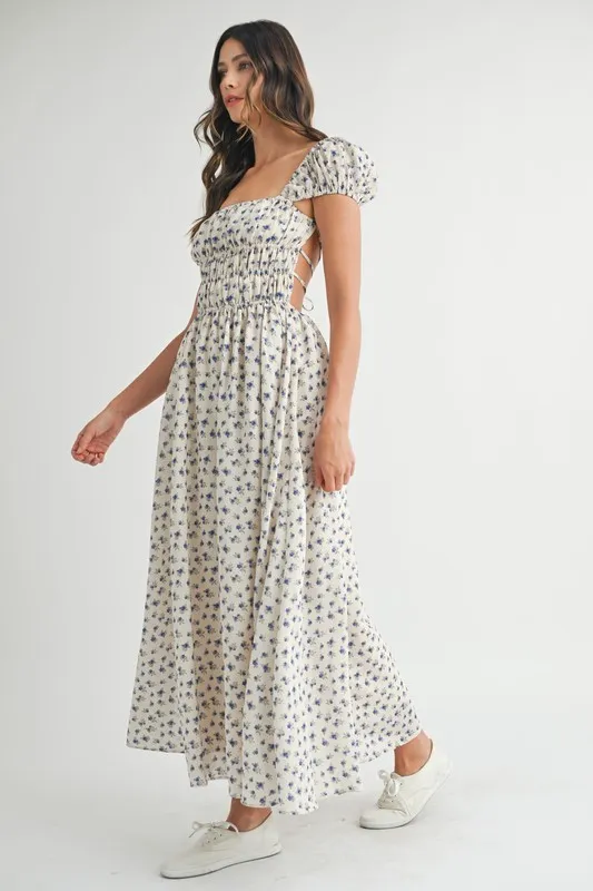 Floral-Print-Puff-Sleeve-Gathered-Midi-Dress-Blue-4
