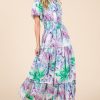 Floral Print Short Sleeve Smocked Maxi Dress - Lavender Combo