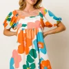 Floral Puff Sleeve Mini Dress - Cream/Orange/Blue